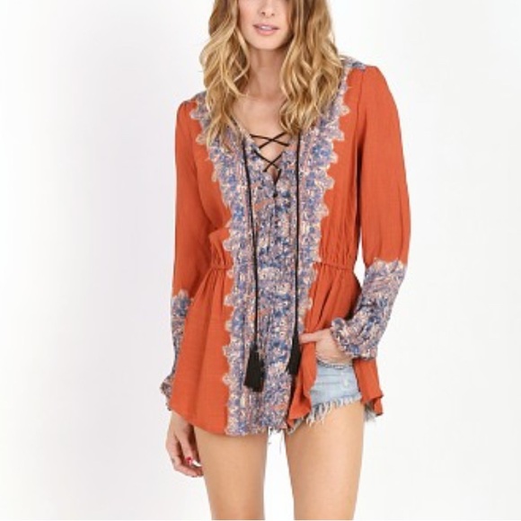 Free People Tops - FREE PEOPLE SZ M Slubbed Crinkle Wildest Tunic Persimmon  FRONT CRISS CROSS TIE